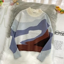 니트Ezgaga-새로운 빈티지 대비 패널 짧은 느슨한 니트 풀오버 탑 아웃웨어 캐주얼 여성용 스웨터 가을