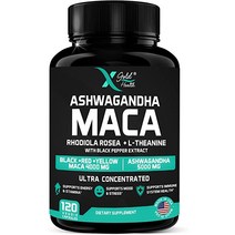 X Gold Health Ashwagandha 5 000mg ＋ 마카 뿌리 검정 빨강 노랑 4 000mg Rhodiola L-테아닌: 30:1 추출물 Ashwagandha 캡슐 20:1 추출물 마카 뿌리 C