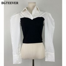 BGTEEVER 우아한 옷깃 패치 워크 여성 셔츠 블라우스 퍼프 슬리브 슬림 풀오버 Spring Ladies Blus