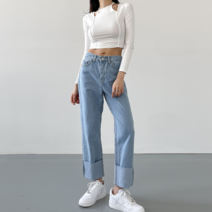 모노치코 심플 로우라이즈 세미 와이드 롤업 청바지 DMDP-0915