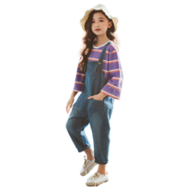 베비포 여아용 긴팔티 데님 멜빵 바지 상하복 세트 F6409