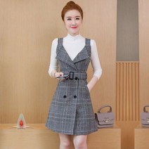 HXT 여성 모직 미디원피스 클래식 체크 브이넥 벨티드 뷔스띠에 멜빵 원피스 A라인 겨울원피스