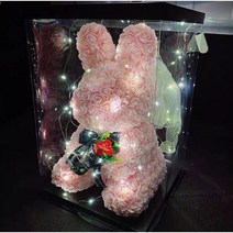 [LED조명+선물케이스포장]로즈베어 장미곰돌이 장미꽃인형 장미토끼 장미꽃토끼 로즈레빗 화이트데이 특별한날 기념일 생일선물 크리스마스 여친 아내 토끼인형 홈인테리어_쯔야코드, 핑크