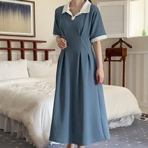 퍼니걸스 6773 카라 배색 다트 핀턱 A라인 주름 반팔 롱 원피스