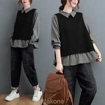 TANC 모틴 체크 카라 블라우스 캐주얼 잔체크 베스트 레이어드 루즈핏블라우스