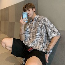 하와이안 남성 셔츠여름 홍콩 스타일의 레트로 반팔 셔츠 하와이안 캐주얼 리프 프린트 탑