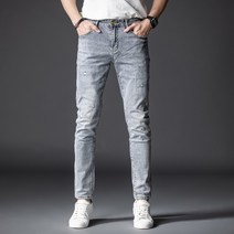 라이트블루 팬츠 대미지 패치로 데님 바지남자 클래식 구제워싱 스판 슬림 스키니 롱 봄계절 4990424191