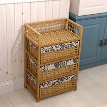 라탄서랍장 라탄 빈티지 안방 다용도실 와이드 작은 목가적 인 등나무 서랍 수납함 서랍장, 삼, 원목색