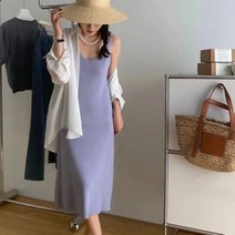 (빠른배송)나시 니트 슬립 롱 원피스 크림 바이올렛 블랙