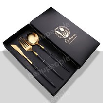 스테인레스 포르투갈 실버 골드 나이프 포크 스푼 젓가락 식기 수저 선물 상자 세트 식기, 블랙 골드 나이프 포크 스푼 + 블랙 박스