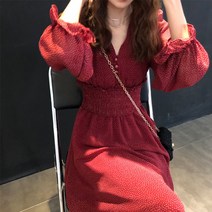 플라워 프렌치 클래식 레드 숏 도트 쉬폰원피스 여성 봄가을 계절 롱 긴 소매 슬림핏 여름 2787339545, 와인색 L