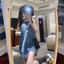 데님 원피스 여자 여름 프렌치 스쿨룩 멜빵치마 작은 키 긴 치마
