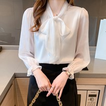 리본블라우스 왕리본블라우스 하객 봄 라인 리본 블라우스 활 스 트리머 쉬폰 셔츠 여성 전문 기질-긴팔 세련된 틈새 탑