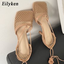 하이힐 패션 통기성 메쉬 스퀘어 발가락 스틸레토 펌프 발목 레이스 업 우아한 드레스