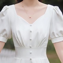 셀프 웨딩 드레스 신부 예복 원피스 퍼프 소매 브이넥 우아한