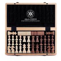 A&A 38.1cm(15인치) 접이식 나무 자석 체스 세트 7.6cm(3인치) 킹 높이 스톤튼 피스 포함 - 마호가니 및 메이플 인레이 소나무 상자 671819, W/Checkers/Maple Inlay