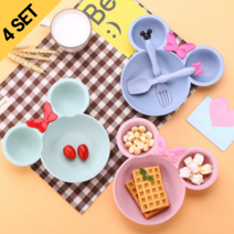 [4 SET] 더블제이 미키 식판 + 수저 세트 간식 어린이 나눔 접시 유아 캐릭터, 2개_핑크, 2개_핑크