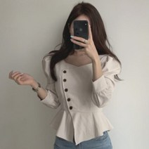 기타 바보사랑[허니비] 첼리 사선 단추 프릴 퍼프 블라우스(3col)