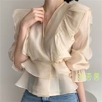 여성 봄 여름 샤랄라 프릴 랩 페미닌 블라우스 Wstug 증정
