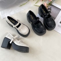 클래식 레이스업 메리제인 청키 통굽 로퍼 블랙 화이트 7cm