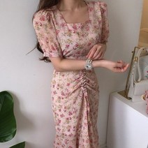 Summer Floral Print Dress Women Midi Pleated Vintage Ladies Chic Chiffon Square Collar Holiday 2023