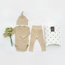 [메르베] 올스판 베이지 신생아 출산선물세트(슈트+모자)_사계절용