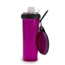 Dexas 팝웨어 애완 동물 스낵 듀오 이중 챔버 수화 병과 접이식 컵 포함 406663, Fuchsia