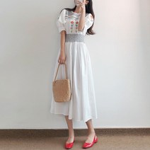 요시아나 [당일발송] 청순한 이본느 꽃자수 스모크 퍼프소매 롱 원피스 -2컬러