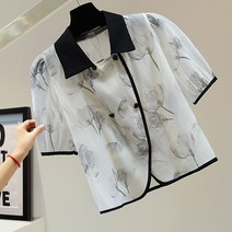 벌룬소매블라우스 클래식 플라워 프린팅 레쉬셔츠 실크블라우스 2022 여름 숏 수묵화 반팔셔츠 4992360514