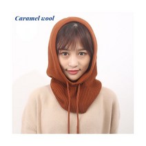 니트 바라클라바 넥워머 후드 남녀공용 스파실 캐시미어 넥 칼라 캡 헤드 드로스트링 두꺼운 비니 단색 조절 가능한 스판 모자, Adjustable, Caramel wool