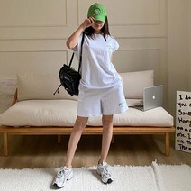 [크림베이지] NY 프린팅 반팔 반바지 트레이닝 세트