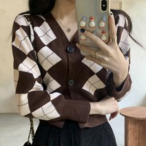아이엠몽 여성 브이넥 아가일 패턴 버튼업 크롭 카디건 남보