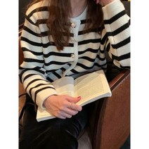 패션 스웨터 가디건 흰색 검정색 줄무늬 니트 여성 짧은 긴 소매 겨울