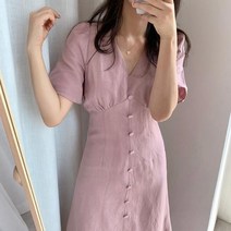 브이넥 단추장식 나팔소매 원피스 미디 A라인 스커트