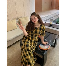 대지 체크 원피스 봄여름 2023년 새로운 빅사이즈 배를 가리는 드레스 점프수트