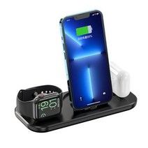 무선 기 기본 고속 스테이션 워치 7 6 에어팟 프로 독 호환아이폰 14 13 12 11 XS XR X 8 용 15W 3 인 1, Black