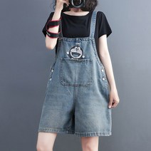 여성바지 캐릭터 프린트 데님 멜빵 반바지 캐주얼 나시 팬츠