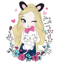 티셔츠 스티커 의류 3D전사지]고양이안은 노랑머리소녀 065 열전사지