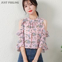 JUST FEEL!NG 여자 5부소매 패션 어깨트임 플라워 프린트 블라우스 꽃무늬 루즈핏 쉬폰 셔츠