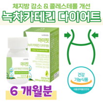 녹차 추출물 카테킨 다이어트 녹차 다이어트 가르시니아 치커리 유산균 mct 오일 엽산 비타민 나이아신 셀렌 식약처 인정 건강기능식품 체지방 감소 도움 콜레스테롤 개선 도움, 6개월, 800mg x 60정 (하루2정)