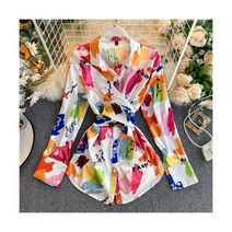 타이 블라우스 새틴블라우스 다이 새틴 셔츠 여성 패션 카라 싱글 불규칙 레이스 업 슬림 허리 상의 49957