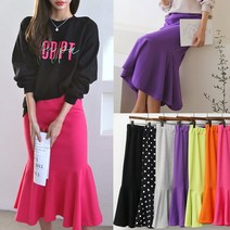 [프롬제니] 7Color 2Size 빅사이즈 가능 크립트 머메이드 스커트 밴딩 치마 미디 인어라인 형광색 H라인 플레어 도트 예쁜 면 프릴 롱