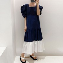 여성 여름 스퀴어넥 벌룬 소매 투톤 롱 원피스 루즈핏 20 30 40대 엄마 등원룩