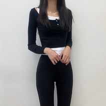 VANANA2 여성 사계절용 국내제작 세로 골지 나시 레이어드 투버튼 단추 라운드넥 크롭 데일리 꾸안꾸 여리여리 유니크룩 기모 긴팔 상의 티셔츠 4color