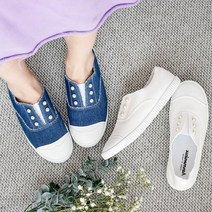 [데이바이쏭]여성스러운 데님 진주 펄 낮은굽 로우힐 슬립온 운동화 빈티지 패브릭