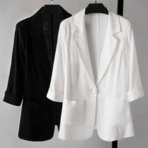 Junchen여성 면마 정장자켓 봄 여름 7부 소매 코트 빅사이즈