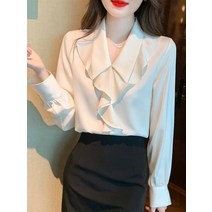 프릴블라우스 목 라인 프릴 넥 카라 블라우스 프랑스 쉬폰 셔츠 여성 봄 드레스 전문 통근 v 작은 긴팔 탑
