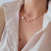 코코날다 진주 장식 써지컬스틸목걸이 2줄 펜던트 여성 목걸이 얼러지없는 스텐목걸이