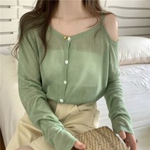SURBORT 오프숄더 디자인 느낌 얇은 긴팔 니트 카디건 여성장 소매, 연두색
