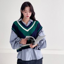 오오엘 간절기 여성 루즈핏 레이어드 크롭 브이넥 니트 배색미니조끼